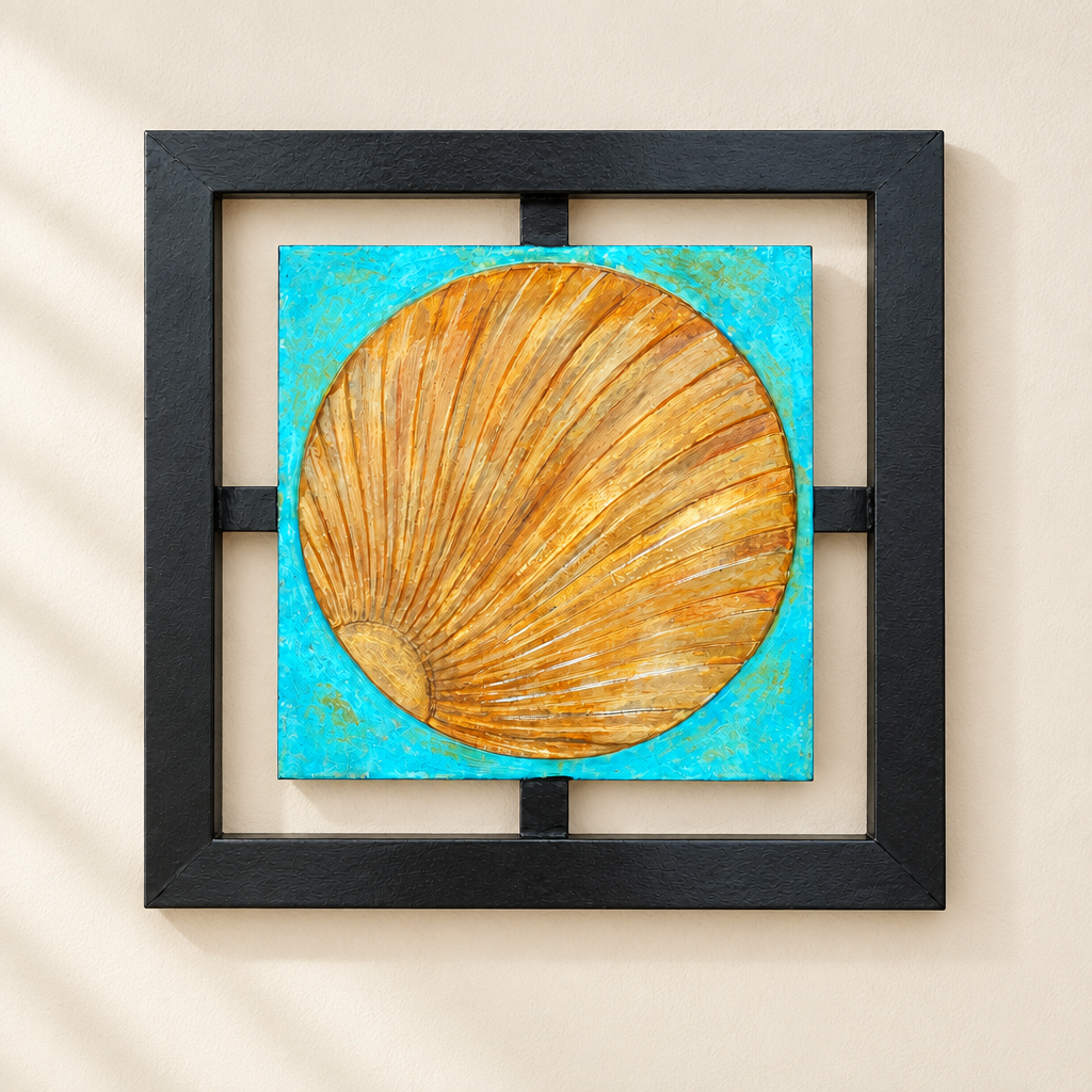 Anteprima ambientata del quadro di metallo con concha dorata