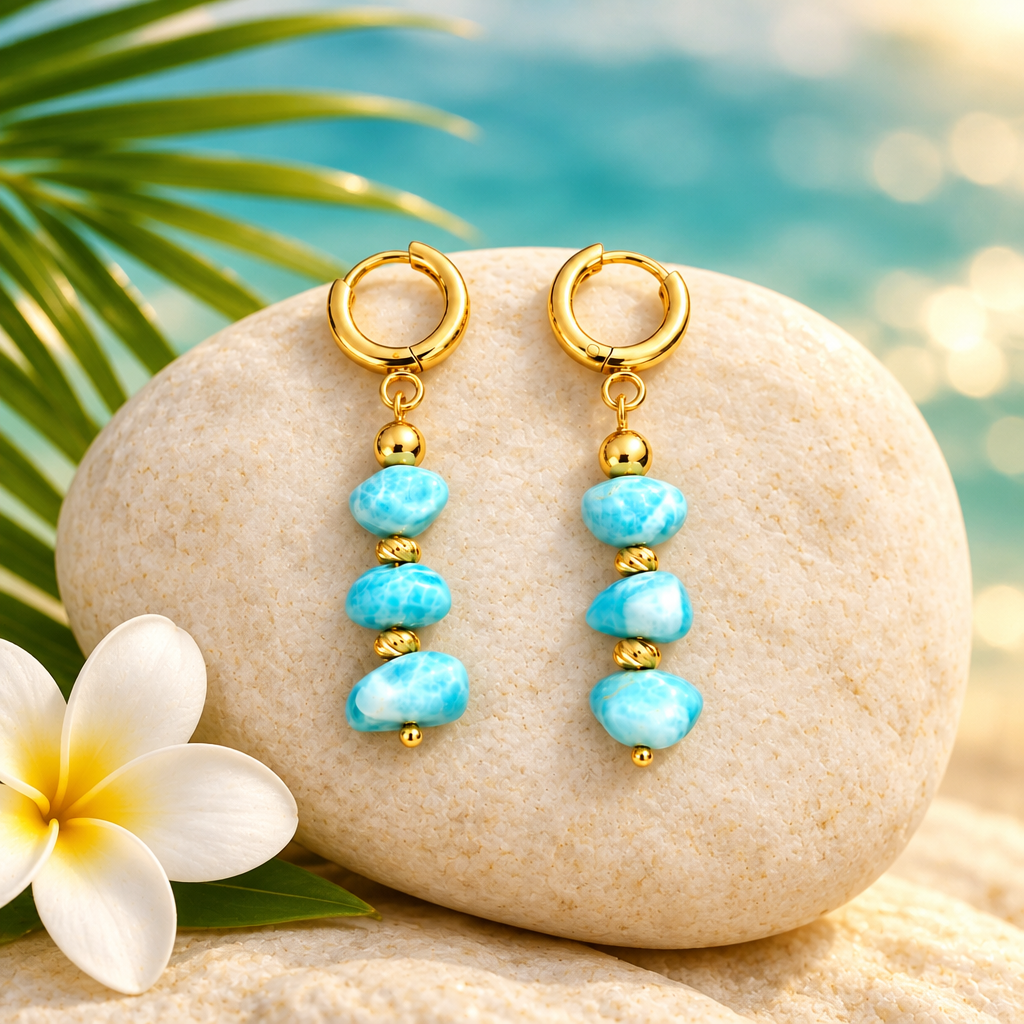 Aretes de larimar sobre piedra clara, con frangipani y mar turquesa desenfocado