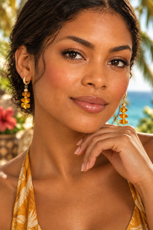 Aretes de ámbar puestos