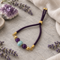  Pulsera de cordón de amatista y larimar sobre piedra clara con lavanda y cristal de amatista
