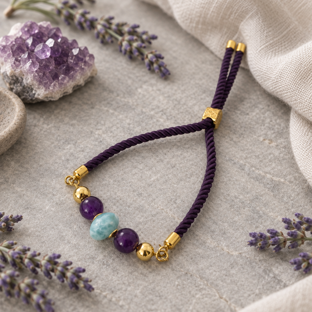  Pulsera de cordón de amatista y larimar sobre piedra clara con lavanda y cristal de amatista