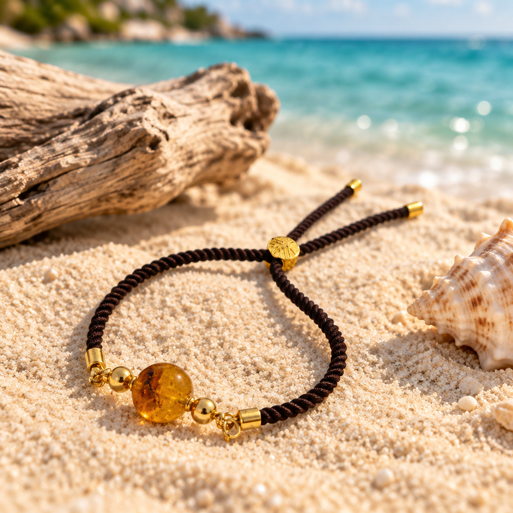 Bracciale in cordone di ambra sulla sabbia con il mare caraibico