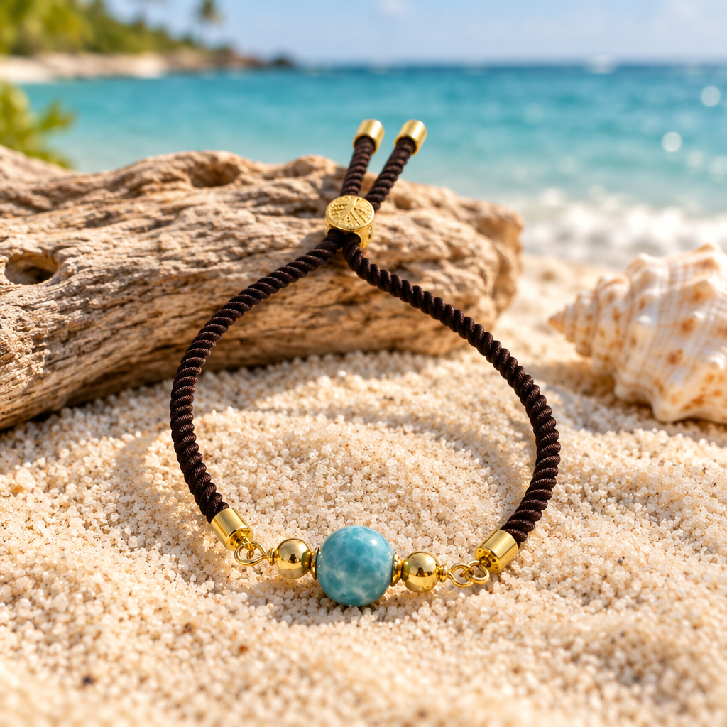 Bracciale in cordone di larimar sulla sabbia con il mare caraibico