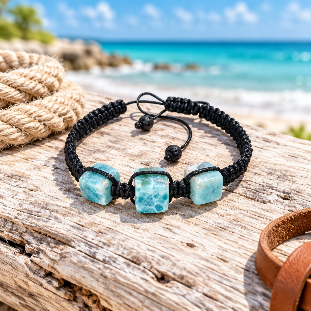 Pulsera de macramé de larimar y piedra de lava sobre madera clara en la playa, con cuerda y cuero