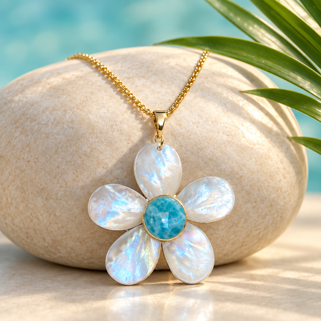 Collar con flor de larimar y madreperla sobre piedra clara con hoja de palma