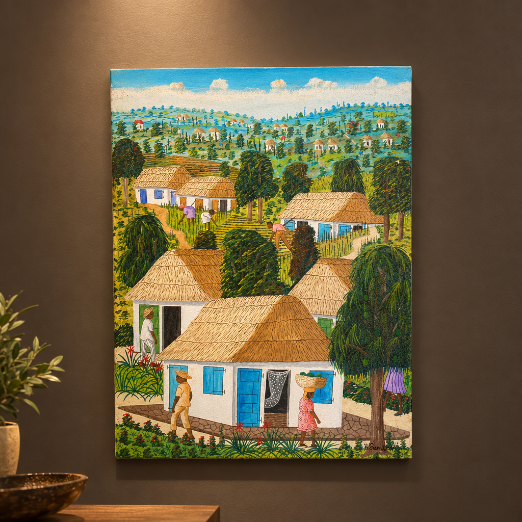 Cuadro acírilico naif de Abner Dubic con escena de pueblo caribeño, expuesto en una pared elegante