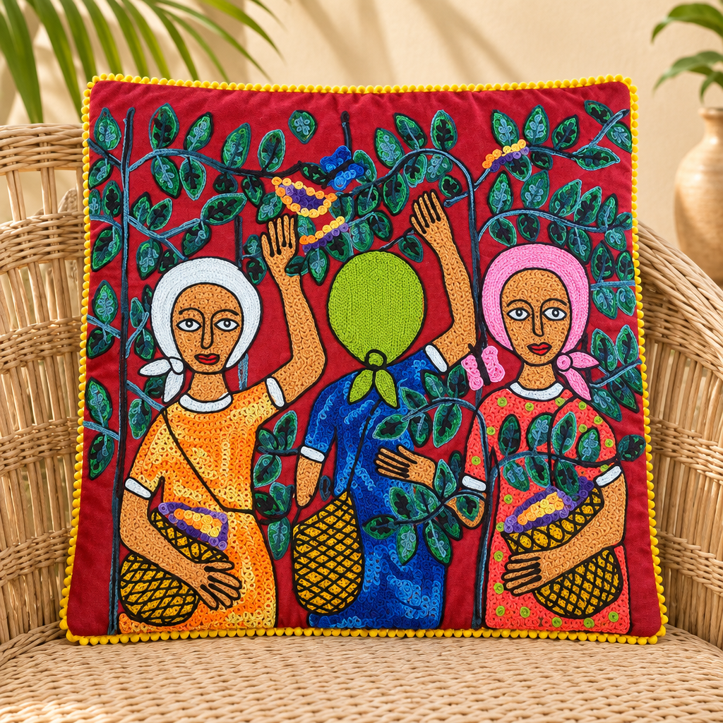 Cojín decorativo bordado con diseño original de José Morillo, motivo tres mujeres, sobre una silla de mimbre