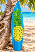 Penca de coco reciclada pintada a mano con la imagen de una piña caribeña, apoyada en el tronco de una palma frente al mar turquesa