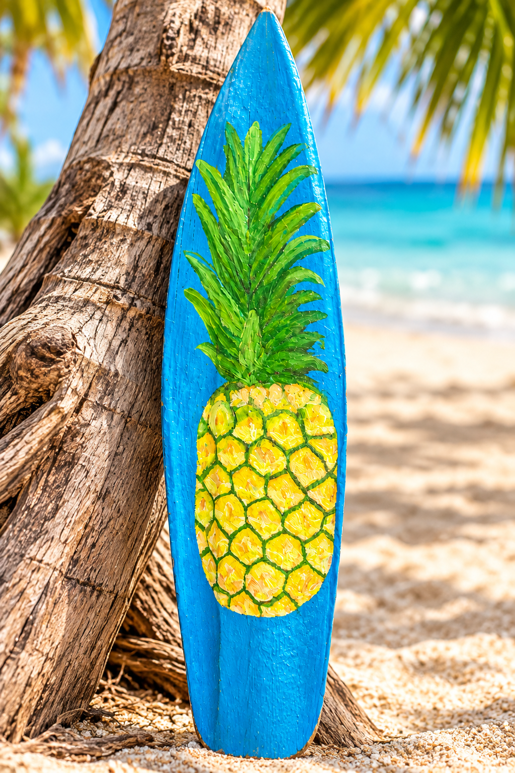Penca de coco reciclada pintada a mano con la imagen de una piña caribeña, apoyada en el tronco de una palma frente al mar turquesa