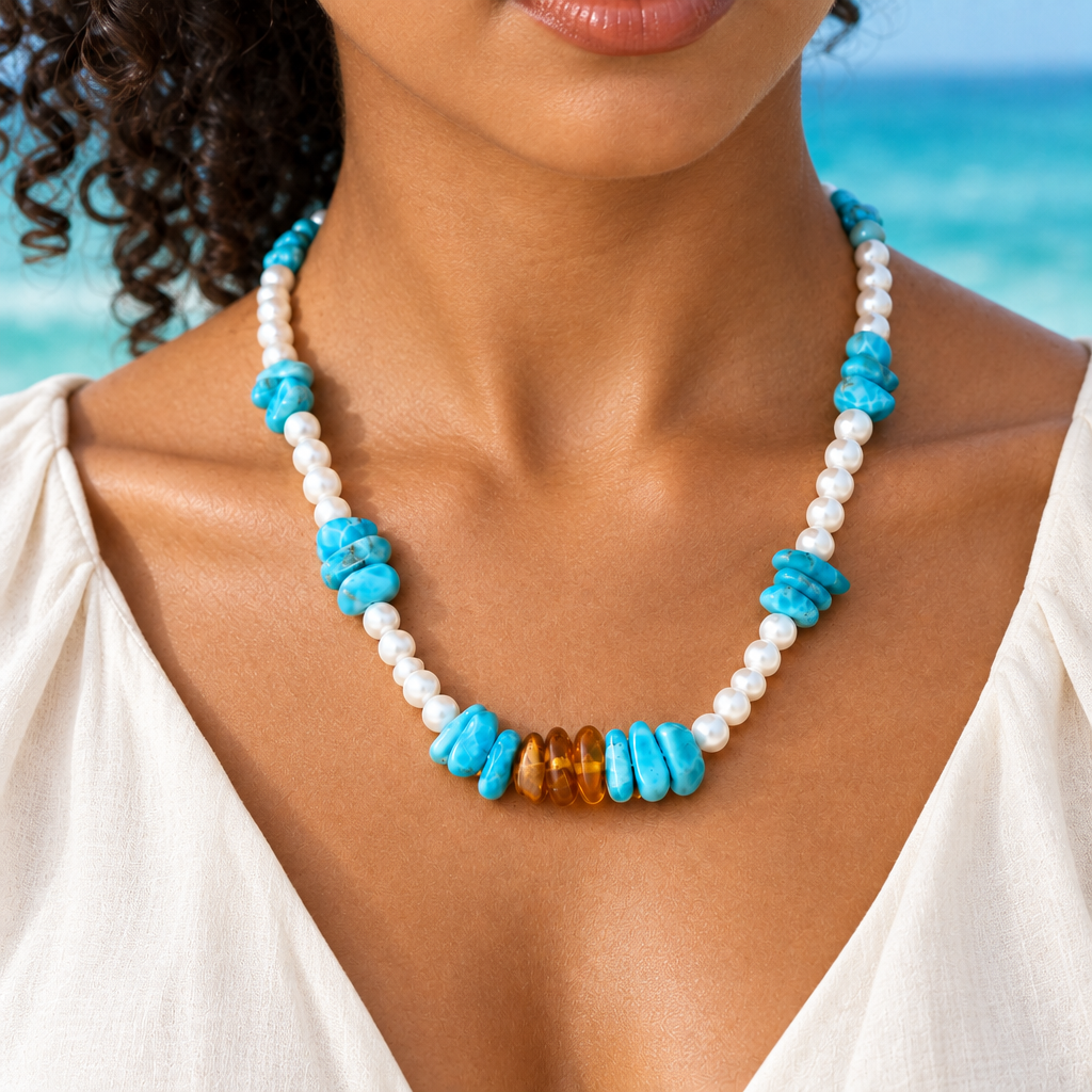 Collar de Larimar, ámbar y madreperla lucido por una modelo caribeña con blusa elegante