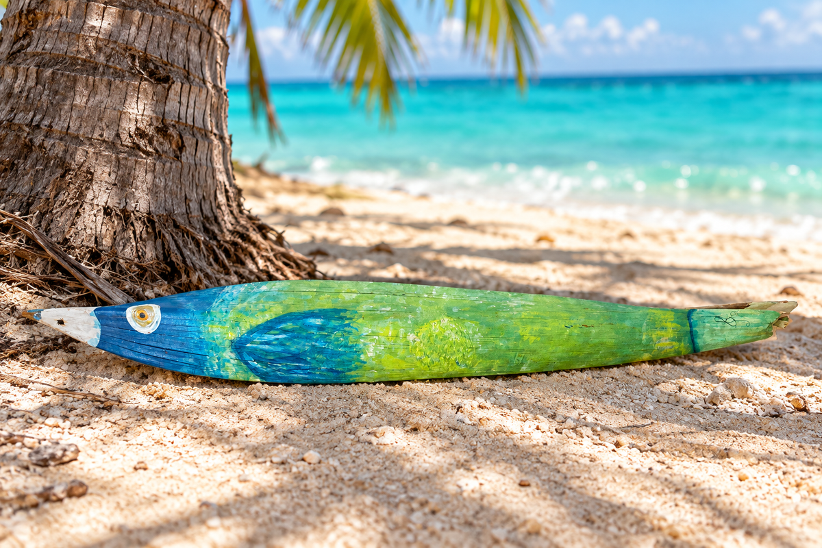 Penca de coco reciclada pintada a mano con diseño de pez, apoyada horizontalmente en la arena junto a una palma frente al mar turquesa