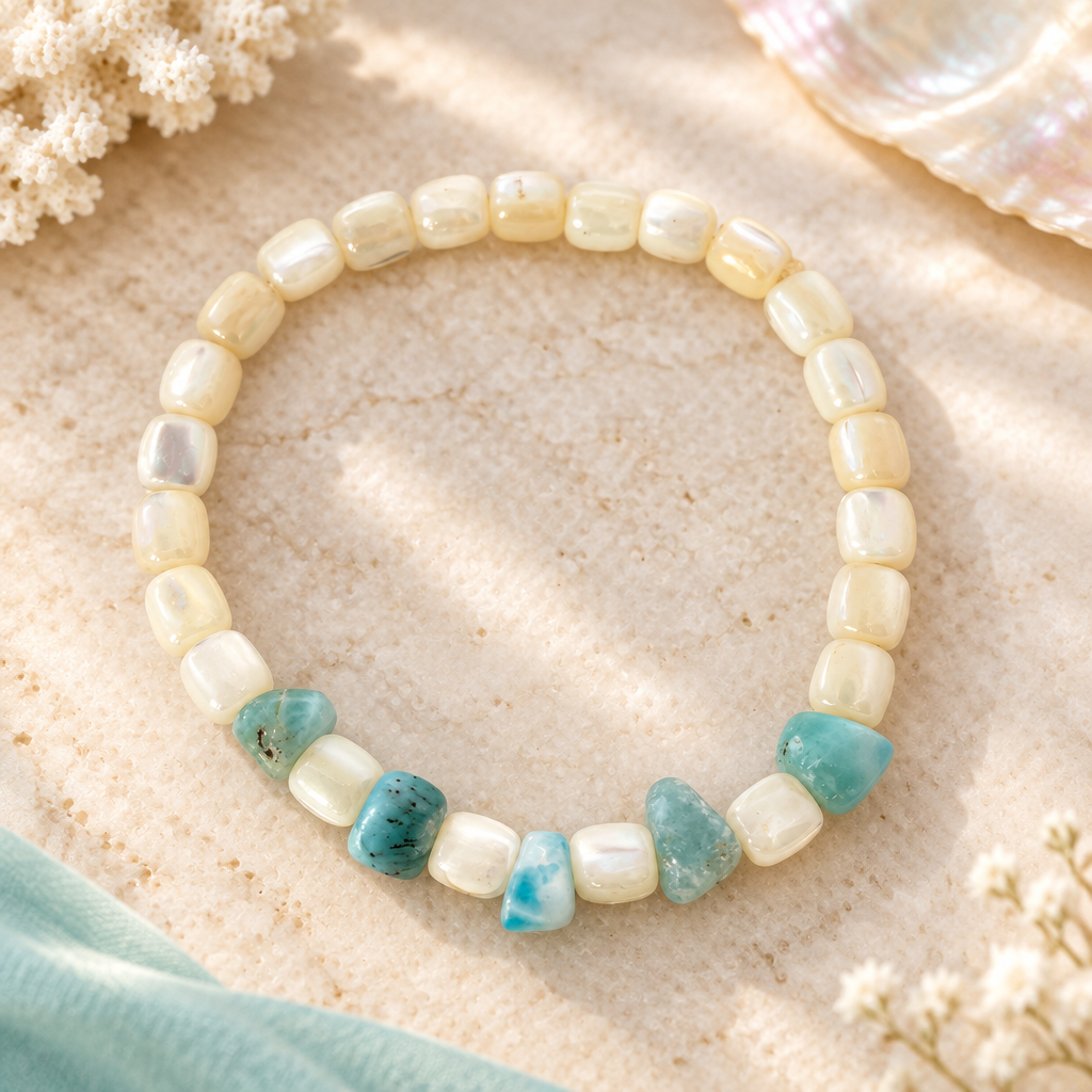 Pulsera de larimar y madre perla en un ambiente elegante y luminoso