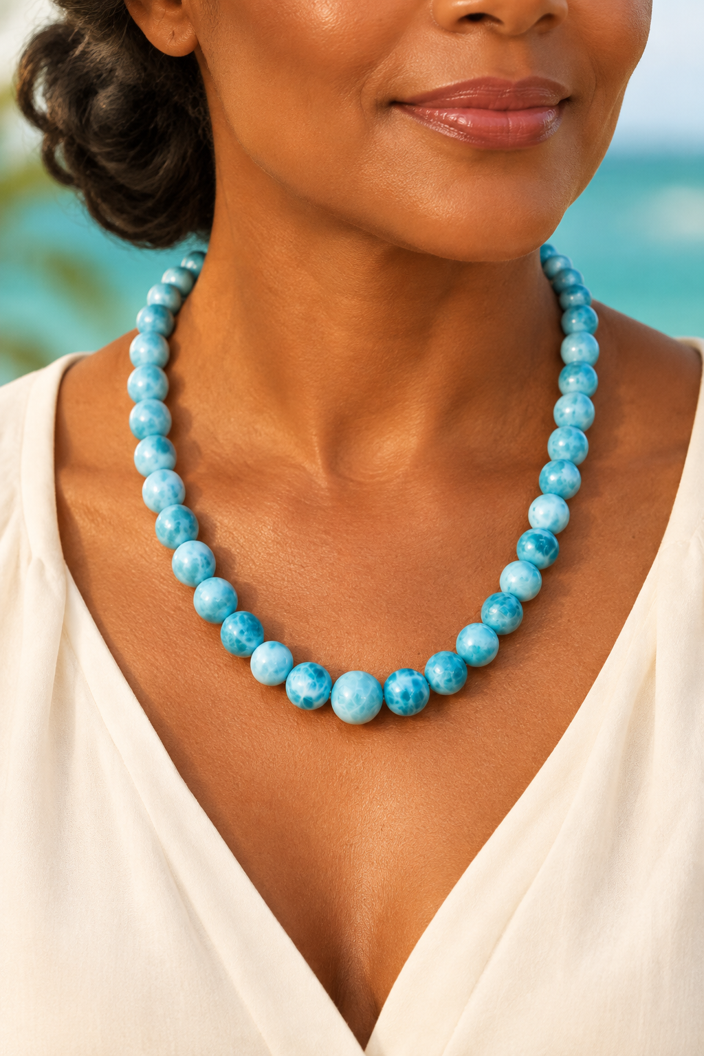 Collar de bolas de larimar lucido por Maria, modelo caribeña madura con blusa marfil