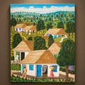 Cuadro acírilico naif de Abner Dubic con escena de pueblo caribeño, expuesto en una pared elegante