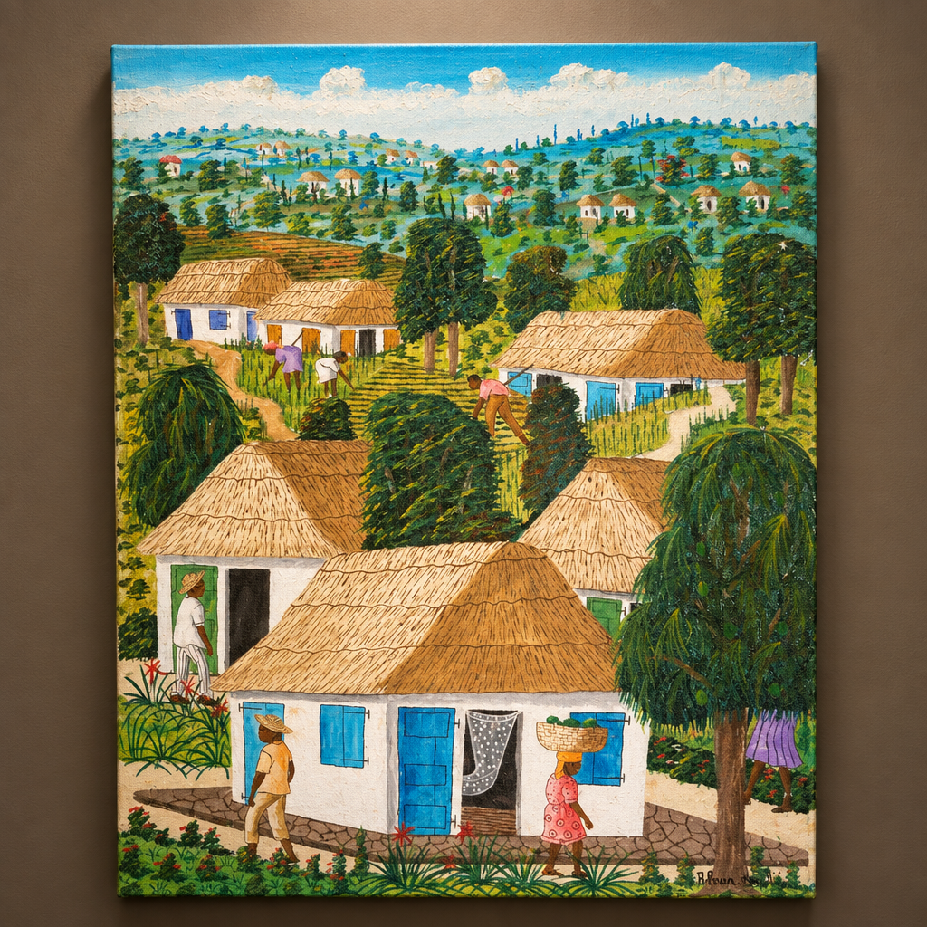 Cuadro acírilico naif de Abner Dubic con escena de pueblo caribeño, expuesto en una pared elegante