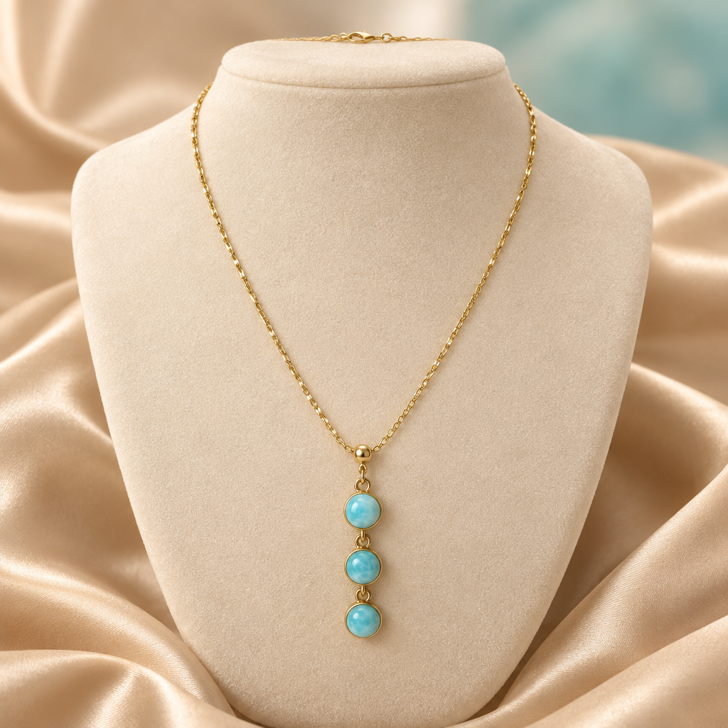 Collar de Larimar de tres piedras sobre terciopelo marfil y seda champagne