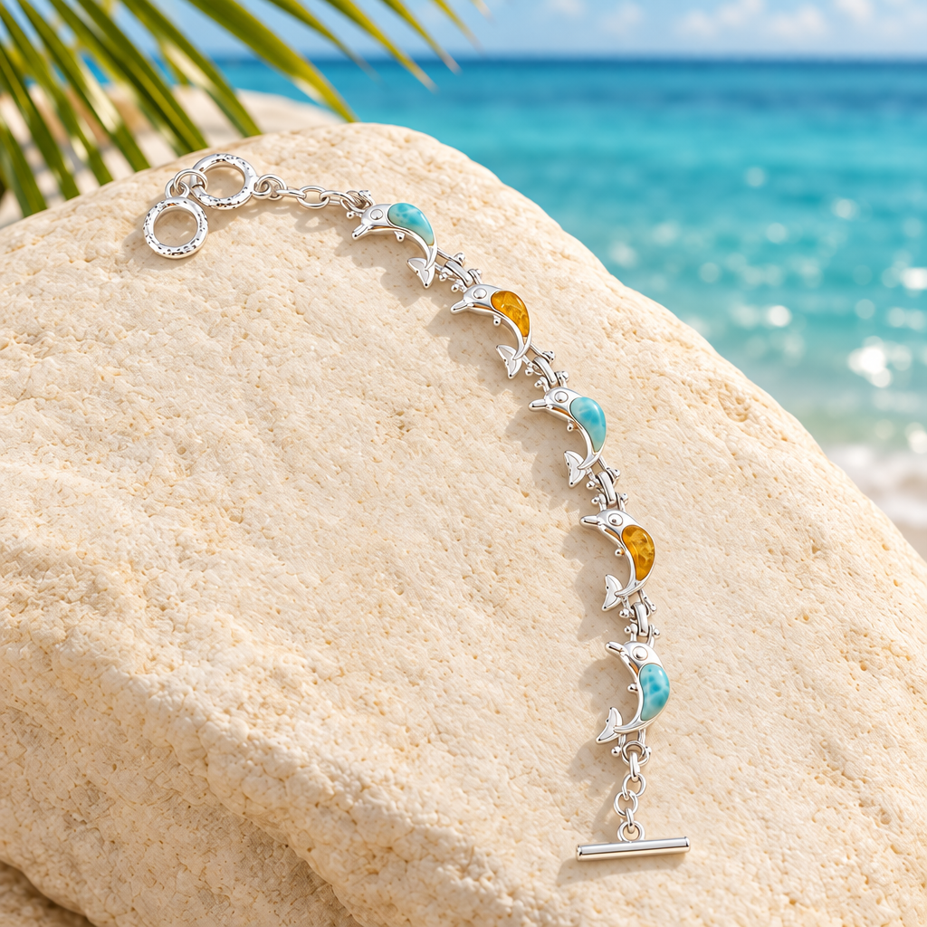 Pulsera de delfines con larimar y ámbar con detalles plateados limpios, sobre piedra clara y mar turquesa desenfocado