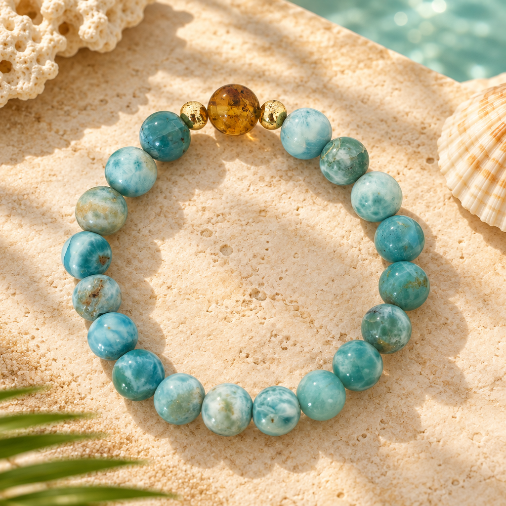Pulsera de bolas de larimar y ámbar con baño de oro en un ambiente elegante