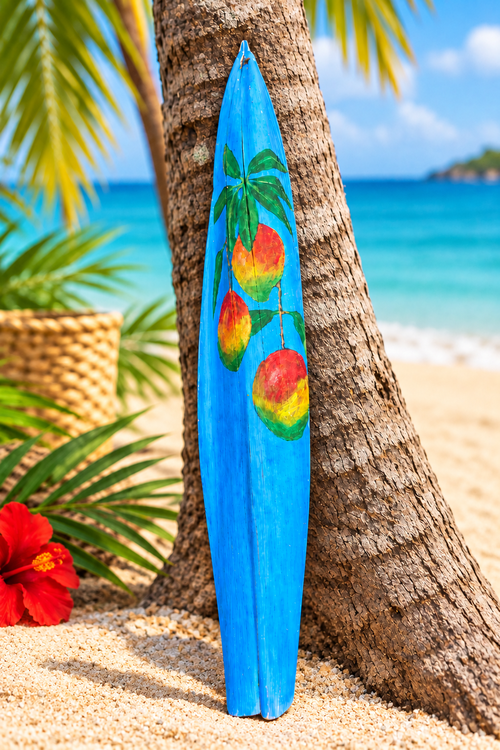 Penca de coco reciclada pintada a mano con diseño de mangos, apoyada en el tronco de una palma frente al mar turquesa