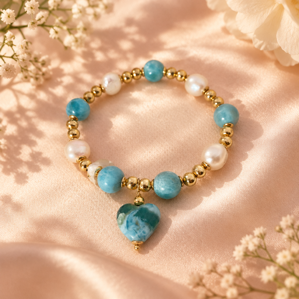 Pulsera con corazón de larimar y perlas de río en un ambiente romántico, basada en la foto modificada