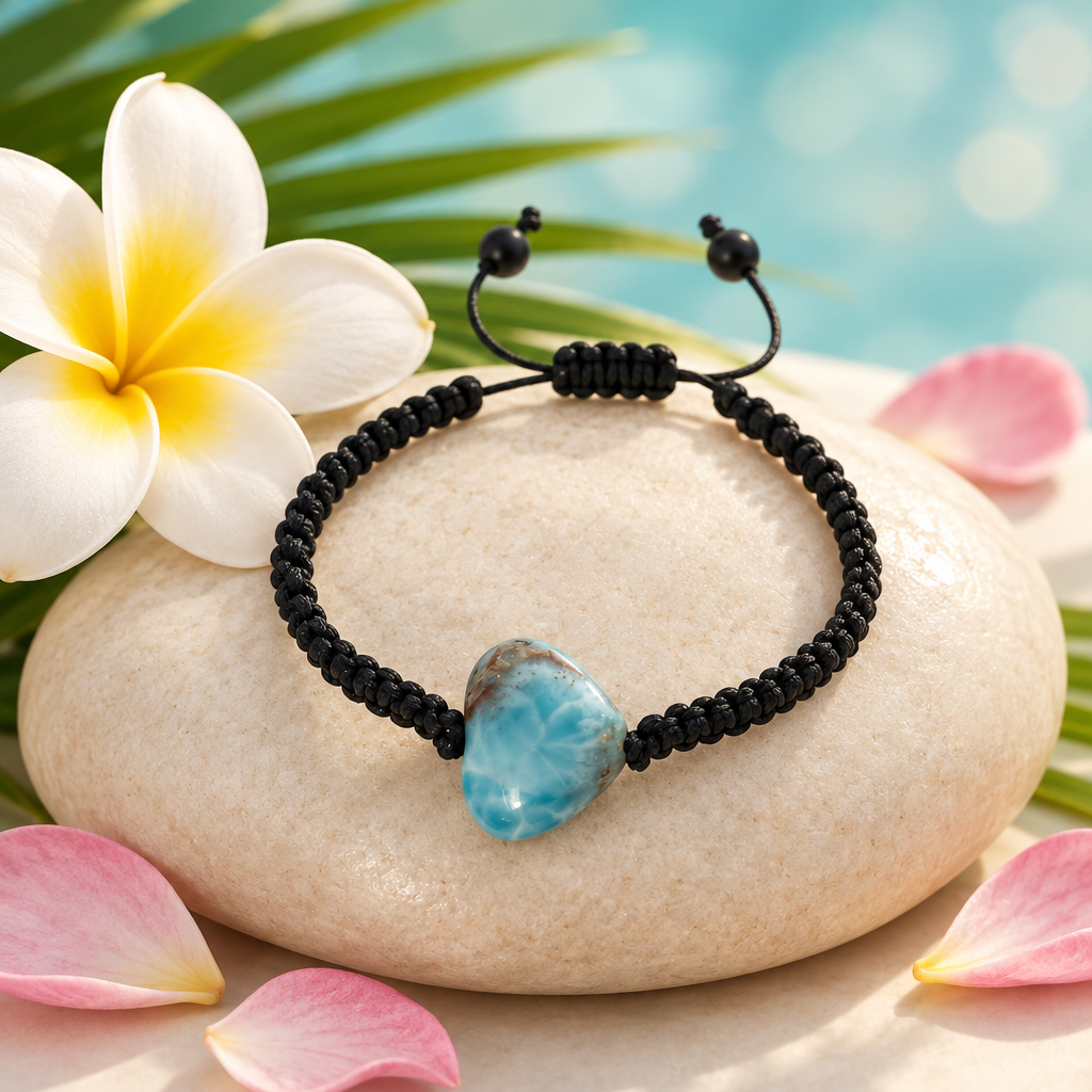 Pulsera de macramé con corazón de larimar sobre piedra clara con flor de frangipani, hoja de palma y pétalos
