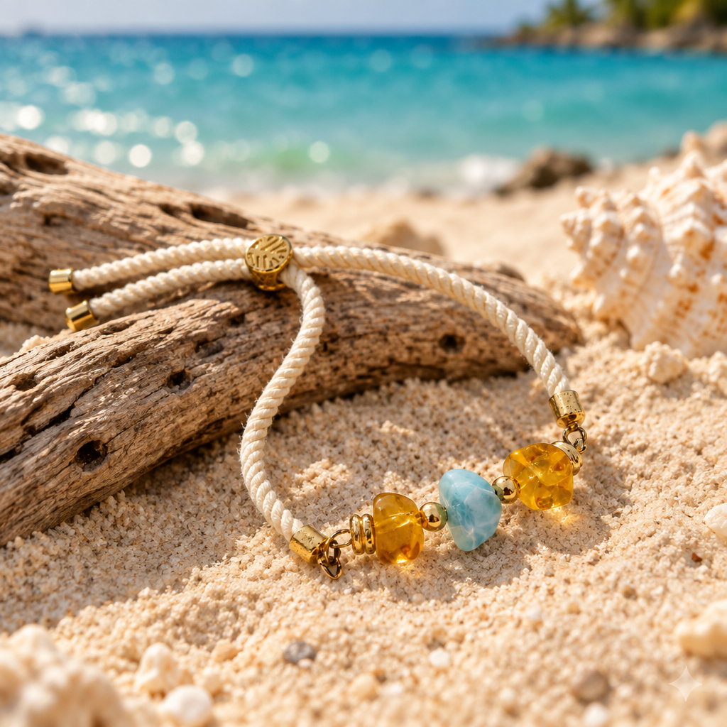 Pulsera de cordón con chips de larimar y ámbar sobre arena, con el mar Caribe de fondo