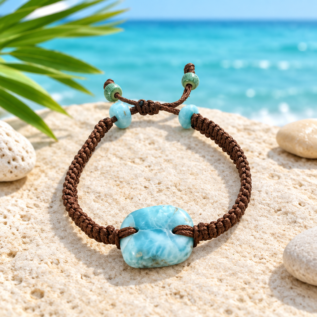 Pulsera de larimar con cierre corredizo de cerámica sobre piedra clara con hojas tropicales y el mar Caribe de fondo