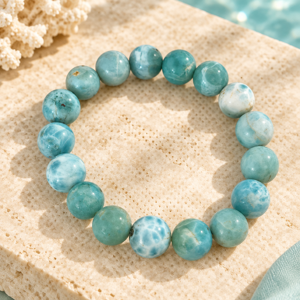 Pulsera con bola de larimar en un ambiente elegante y luminoso