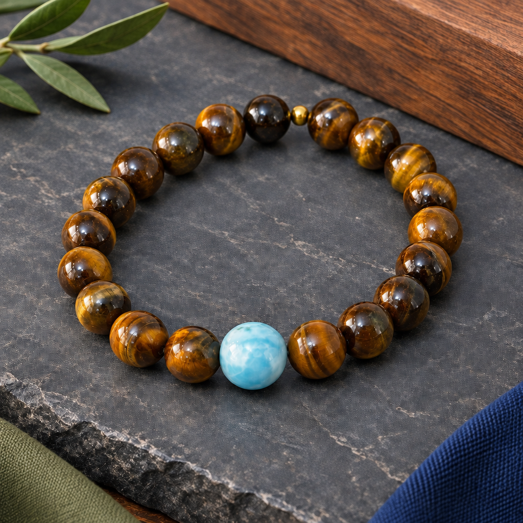 Pulsera de ojo de tigre y larimar en un ambiente masculino, profesional y luminoso