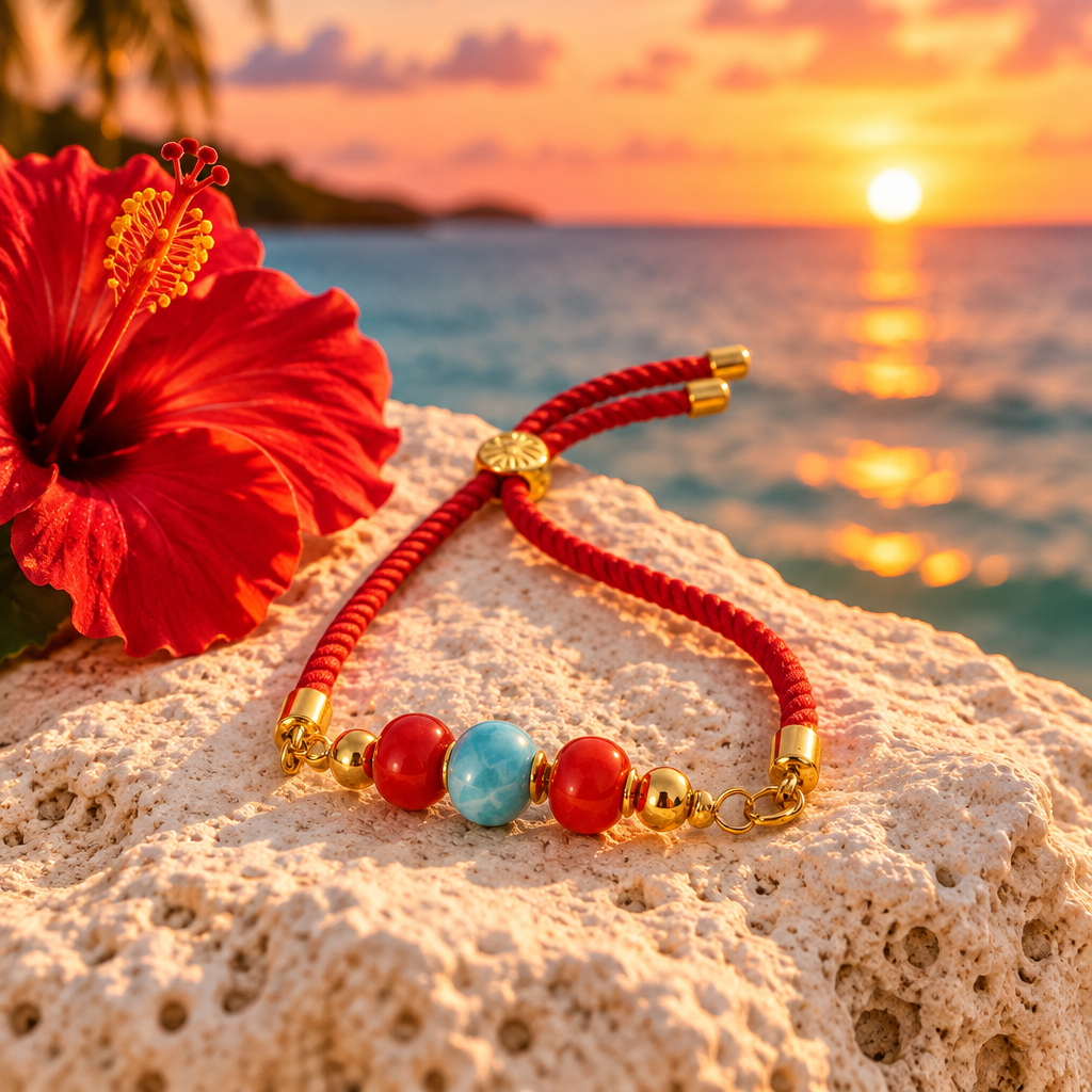 Pulsera de cordón de coral rojo y larimar sobre piedra coralina al atardecer, con flor de hibisco