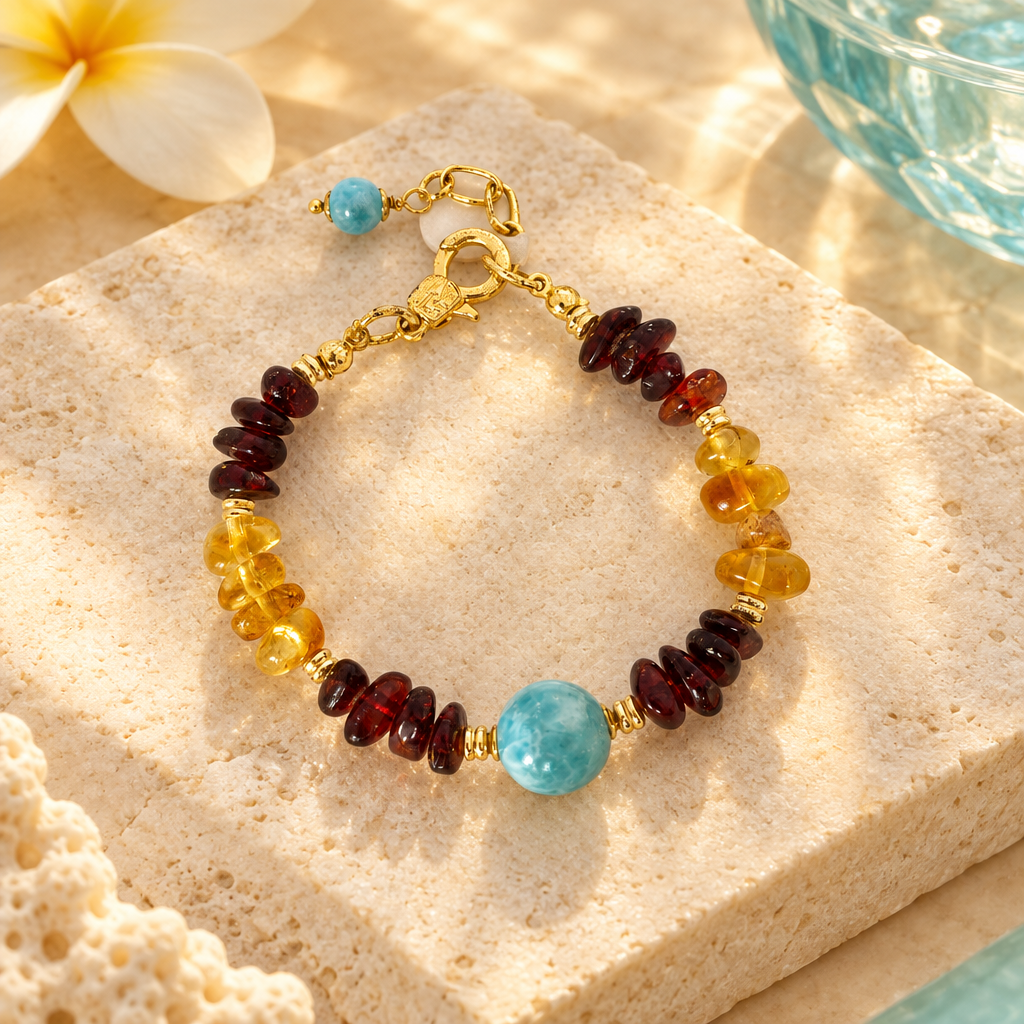 Pulsera de ámbar rojo y amarillo, larimar y baño de oro en un ambiente elegante