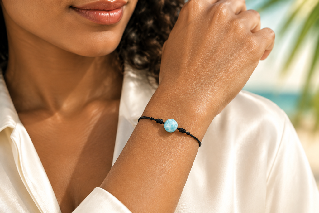 Pulsera unisex de hilo y larimar puesta en la muñeca, con una bola celeste de larimar