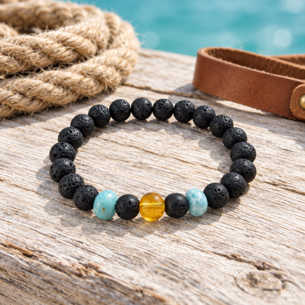 Pulsera de piedra de lava, larimar y ámbar sobre madera clara con cuerda y cuero