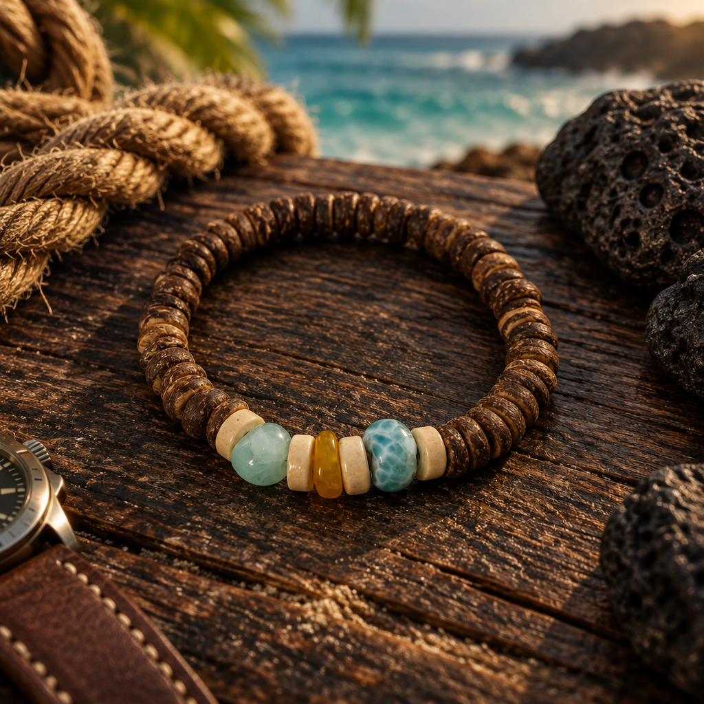 Pulsera de coco, larimar y ámbar sobre madera oscura con cuerda y piedras volcánicas