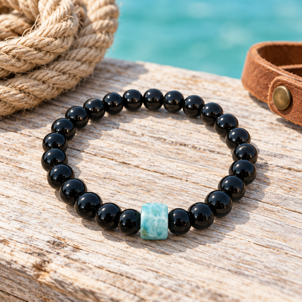 Pulsera de ónix y larimar sobre madera clara con cuerda y cuero