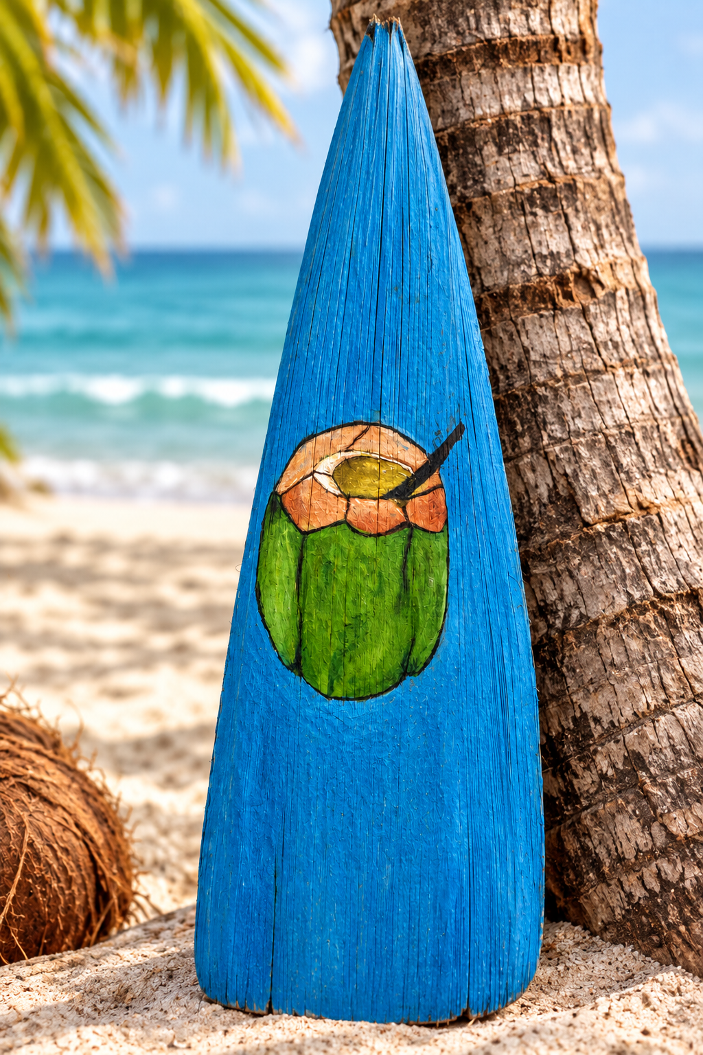 Penca de coco reciclada pintada a mano con la imagen de un coco de agua, apoyada en el tronco de una palma frente al mar turquesa