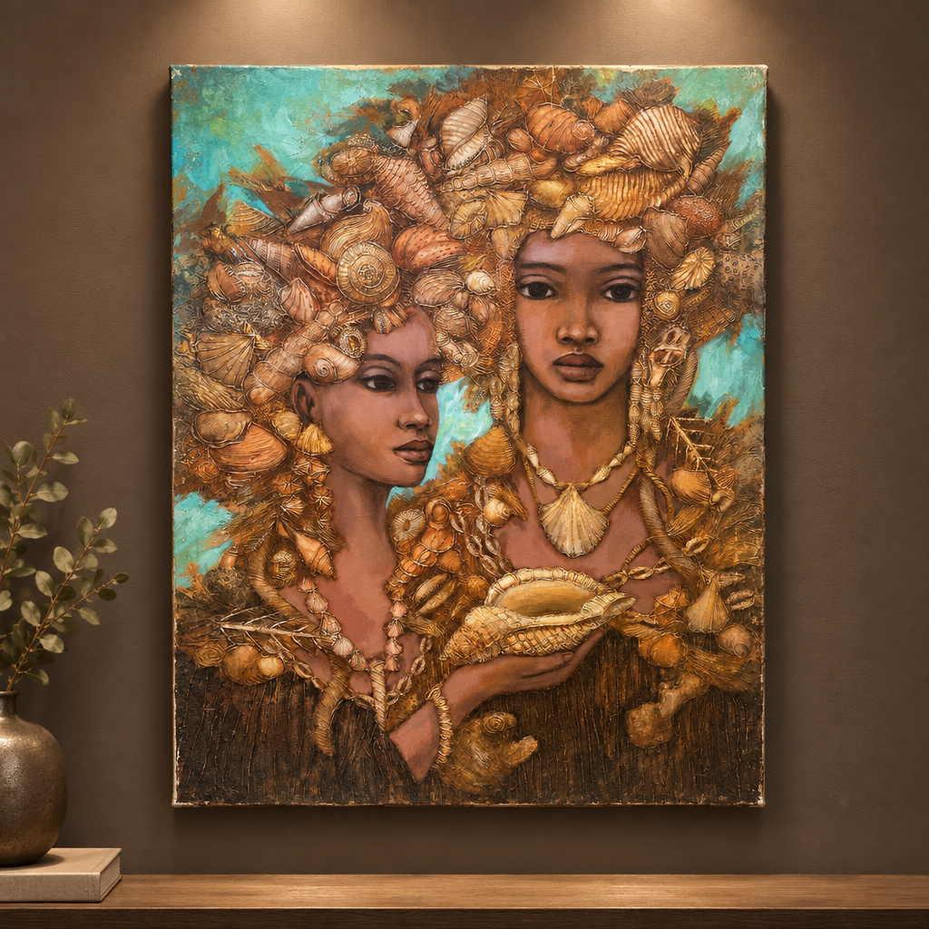Cuadro acílico pintado a mano con dos mujeres adornadas de conchas marinas, expuesto en una pared elegante