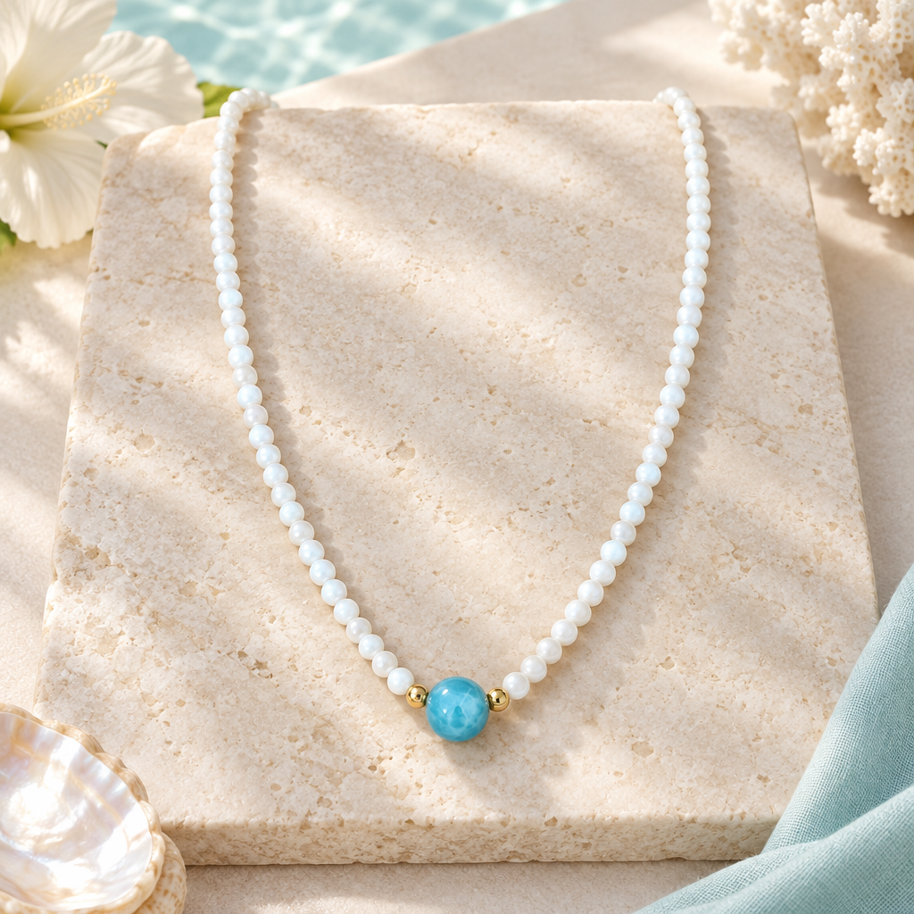 Collar de madreperla y larimar en un ambiente elegante y luminoso