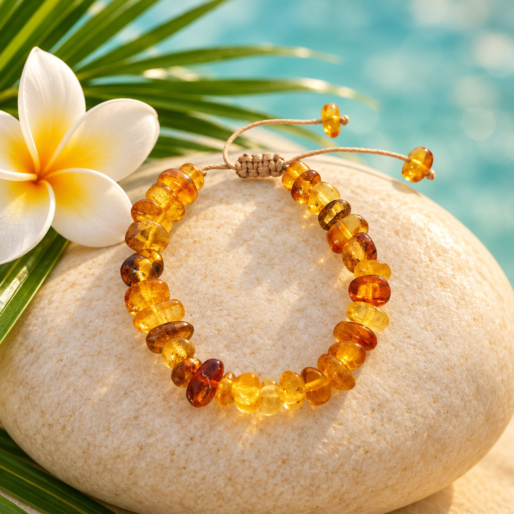 Pulsera de chips de ámbar con cierre de macramé sobre piedra clara con flor de frangipani y hoja de palma