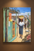 Cuadro naif del artista haitiano Louis Georges, expuesto en una pared elegante