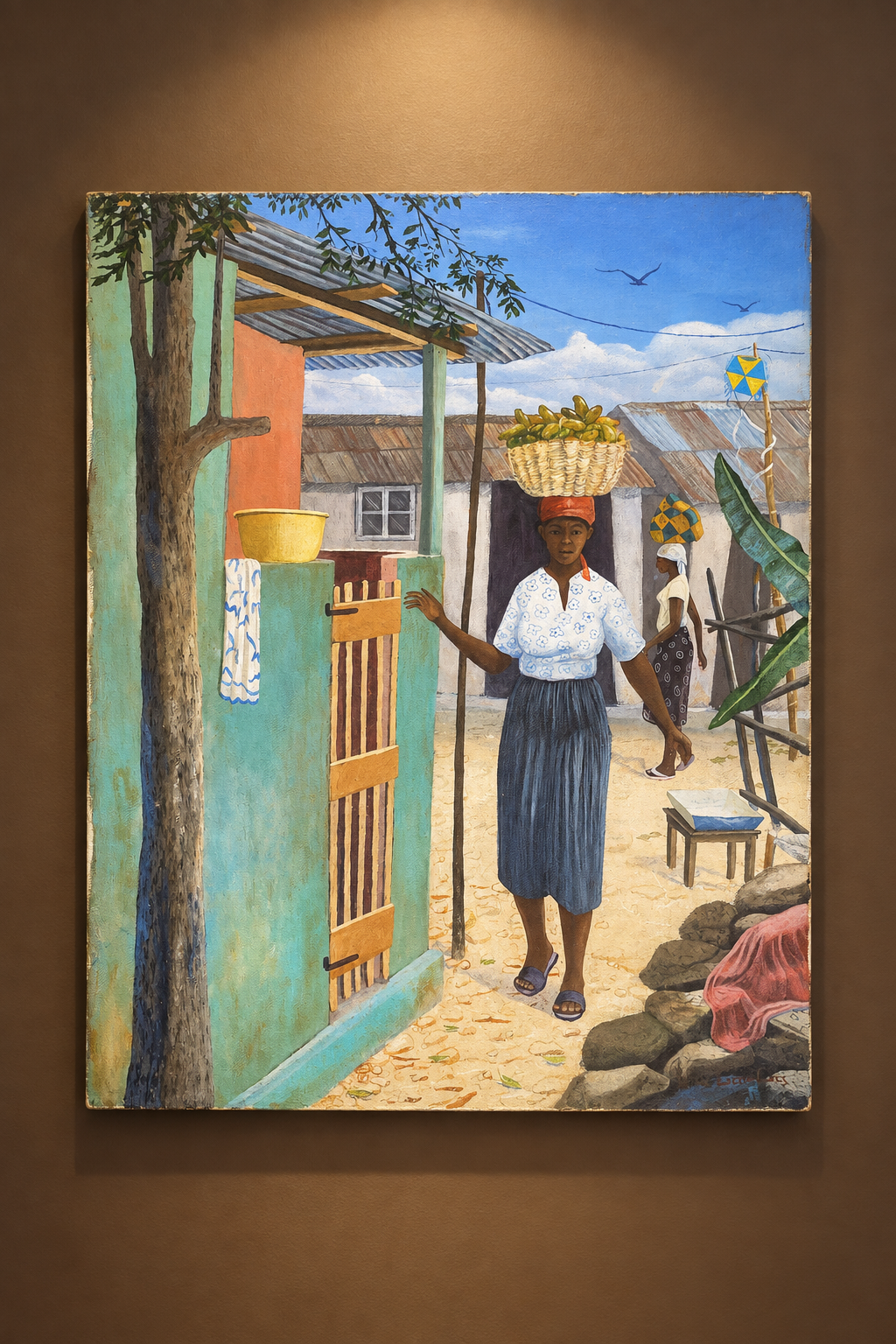 Cuadro naif del artista haitiano Louis Georges, expuesto en una pared elegante