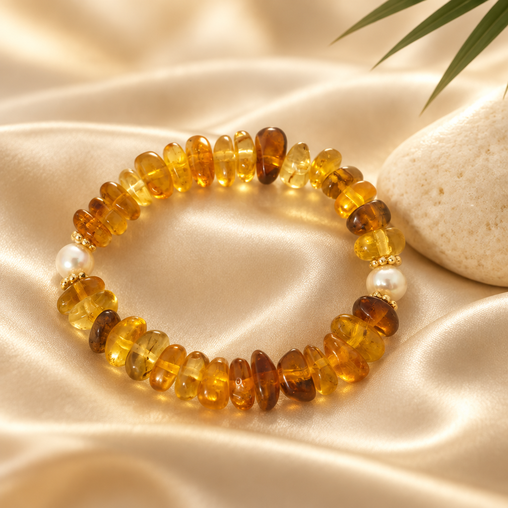 Pulsera de ámbar y perlas cultivadas sobre seda color marfil con piedra clara