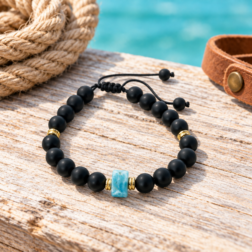Pulsera de ónix mate, larimar y detalles de baño de oro sobre madera clara con cuerda y cuero