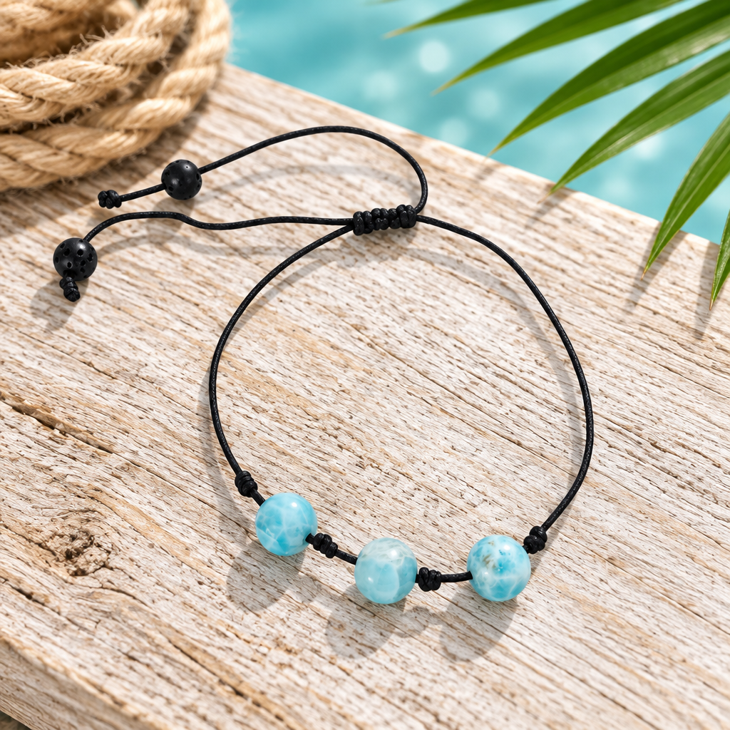 Pulsera de hilo con bola de larimar sobre madera clara con cuerda y hoja de palma