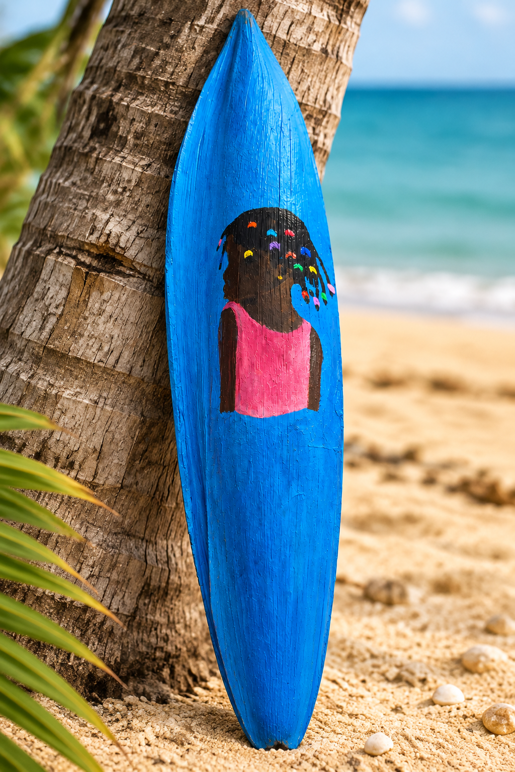 Penca de coco reciclada pintada a mano con la imagen de una niña caribeña de trenzas coloridas, apoyada en el tronco de una palma frente al mar turquesa