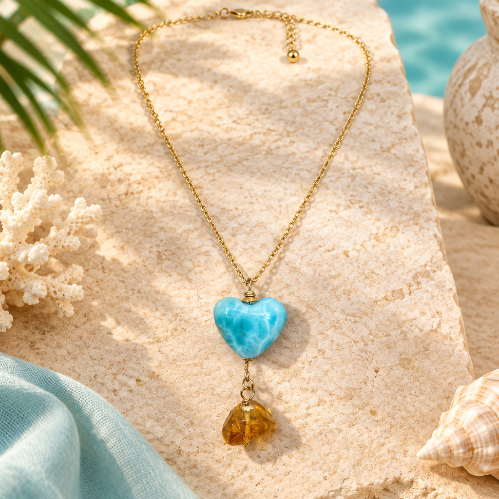 Collar con corazón de larimar, chips de ámbar y baño de oro en un ambiente elegante