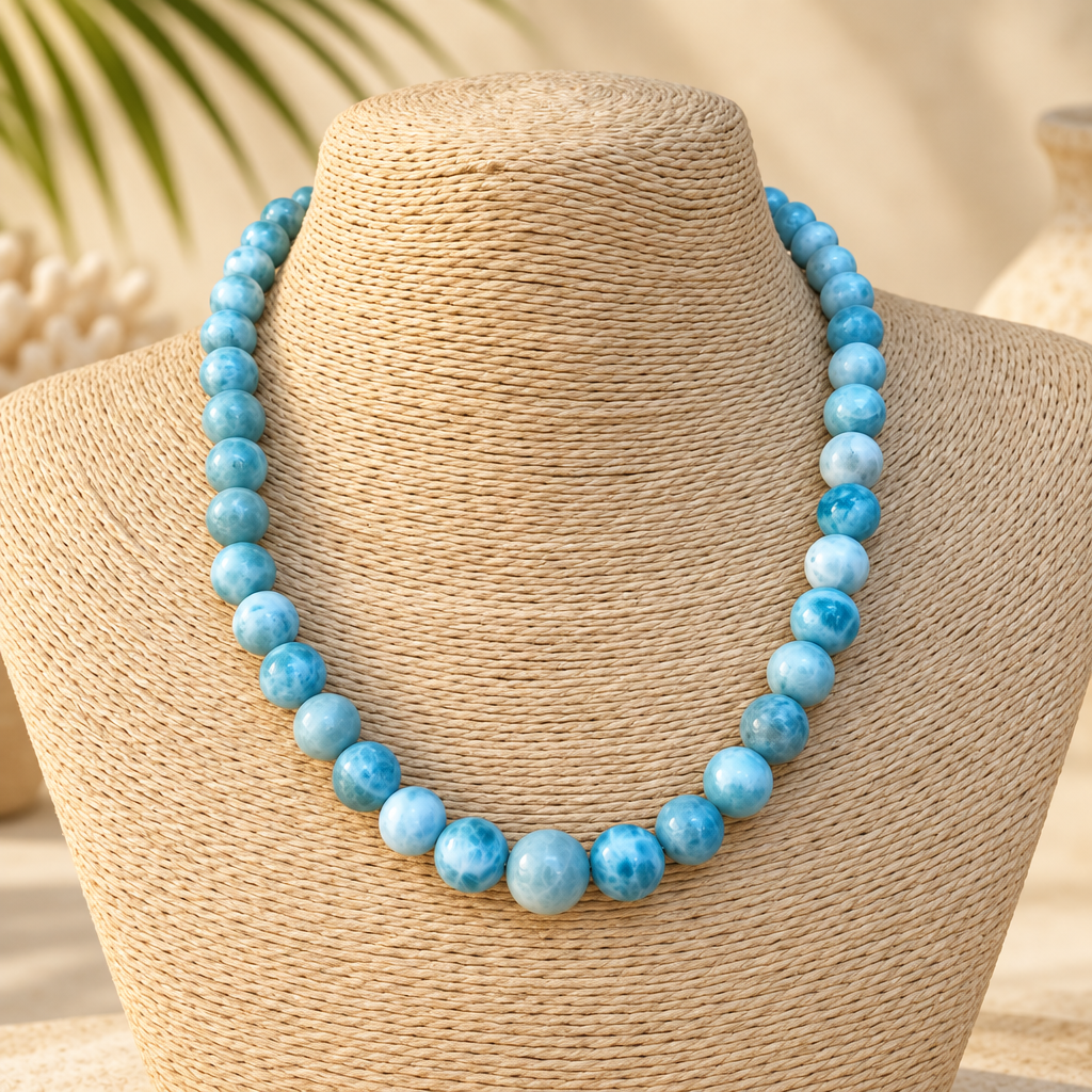 Collar de bolas de larimar llevado en maniquí, con luz e fondo elegante