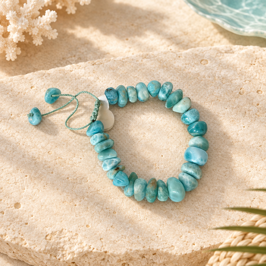 Pulsera de chips de larimar con nudo corredizo en un ambiente elegante