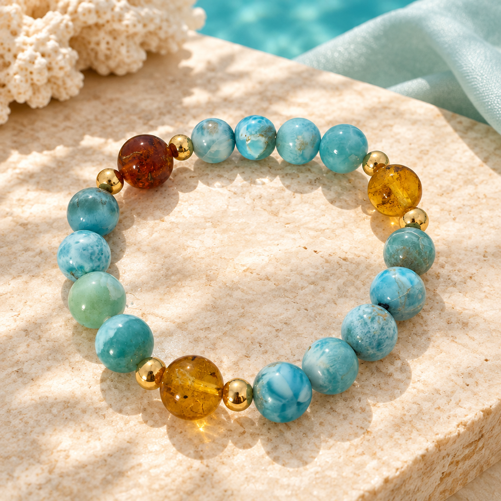 Pulsera de bola de larimar y ámbar en un ambiente elegante y luminoso