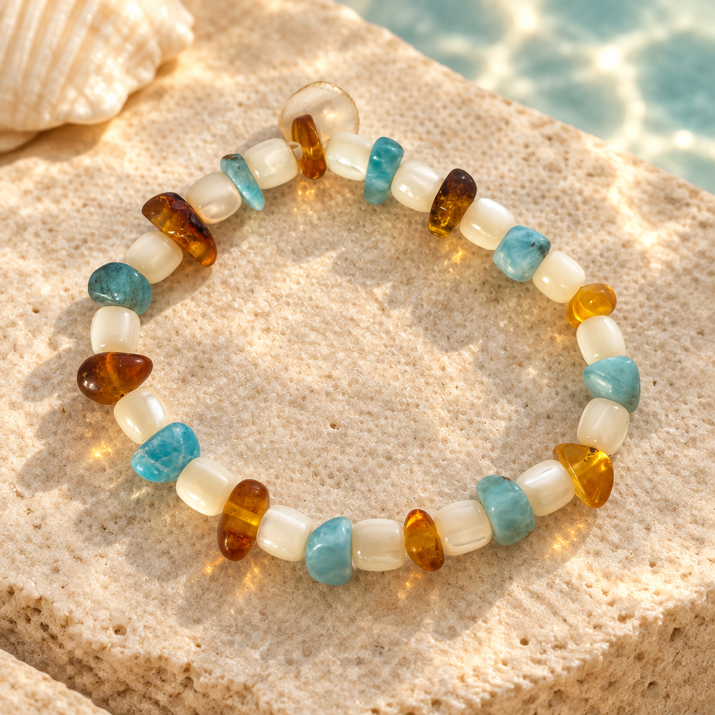 Pulsera de larimar, madreperla y ámbar en un ambiente elegante y luminoso